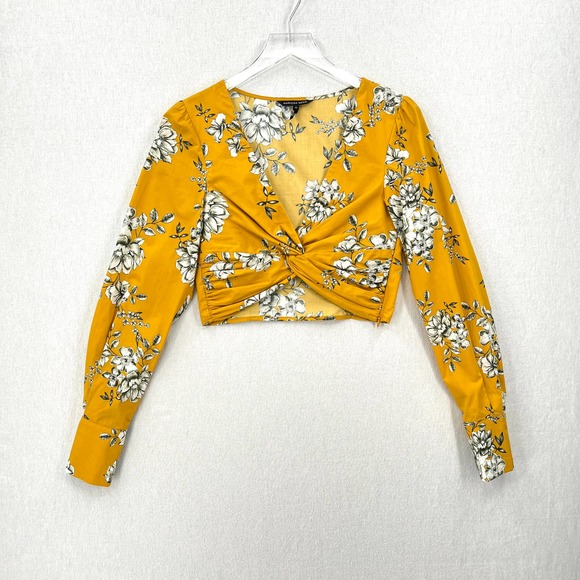 MARISSA WEBB Shirt Womens XS Yellow Karlee Cropped Twist Top Long Sleeve Floral - Picture 4 of 16